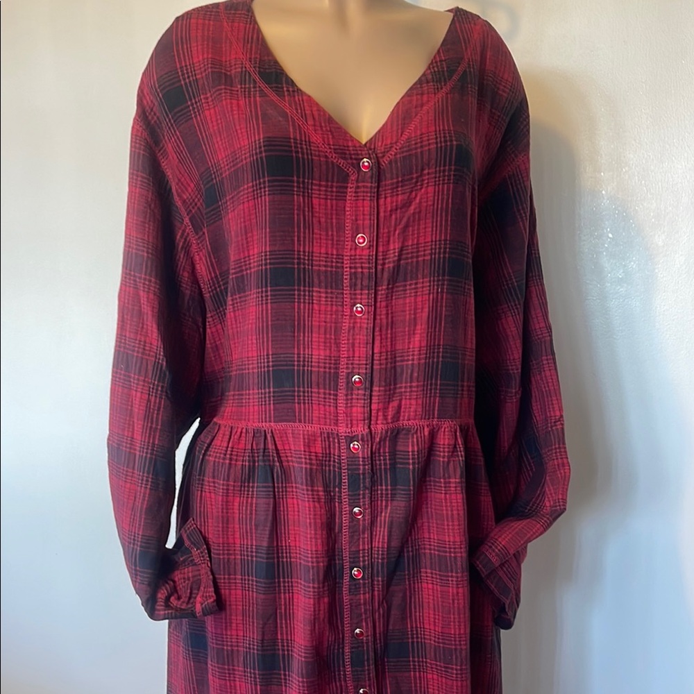 ONLY-NECESSITIES Red and Black Plaid Button-Front, w POCKETS size 6X” DRESS